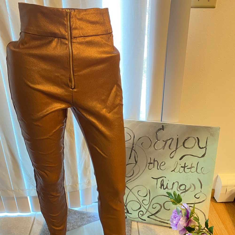 **Never Worn** Zip Front Wide Waistband Coated Pants by SHEIN
